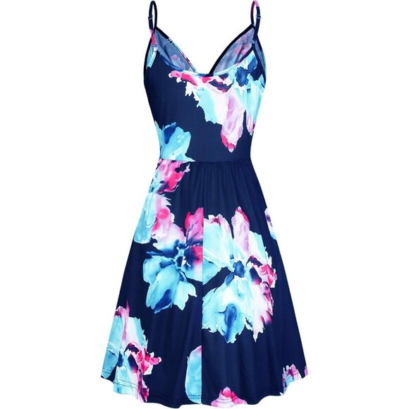 Women' 2024 Neck Solid Spaghetti Strap Summer Casual Swing Sundress with Pocket - Picture 3 of 5